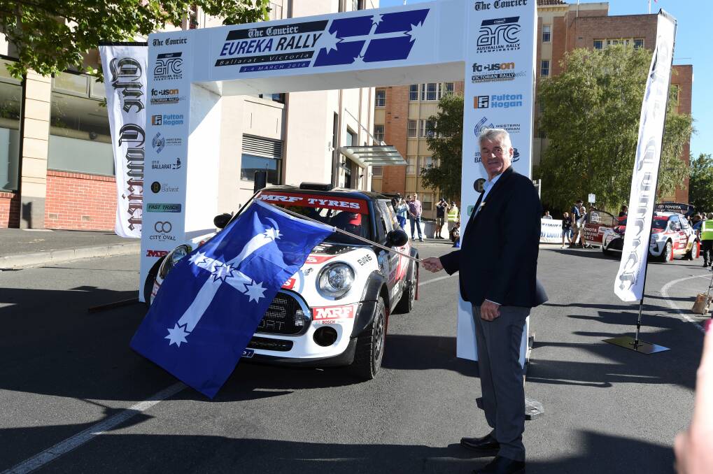 OFF AND RACING: City of Ballarat councillor Jim Rinaldi opens the 2018 The Courier Eureka Rally on Saturday morning.