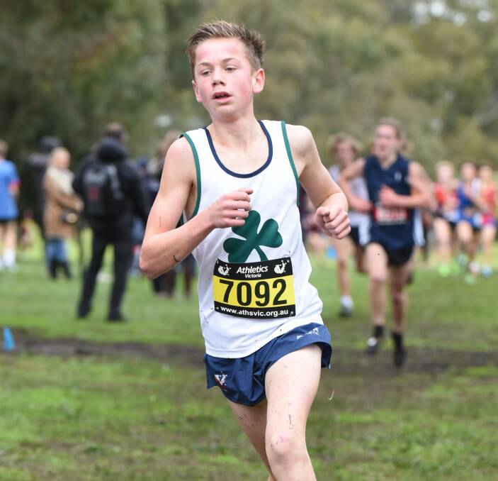 VICTORIOUS: St Patrick's College student Harry Sharp on his way to the under-15 boys state cross country title on Saturday at Bundoora Park. Picture: Neville Down.