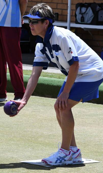 POISED: Victoria's Andrea Tudorovic gets set to play her next shot during the Geelong-Ballarat Premier Bowls clash against Bareena. Pictures: Lachlan Bence.