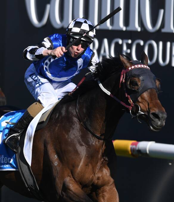 BIG THRILL: Jockey Damien Lane gets Tosen Stardom home in the group 1 Toorak Handicap at Caulfield on Saturday afternoon. The win completed a group 1 double for trainer Darren Weir.