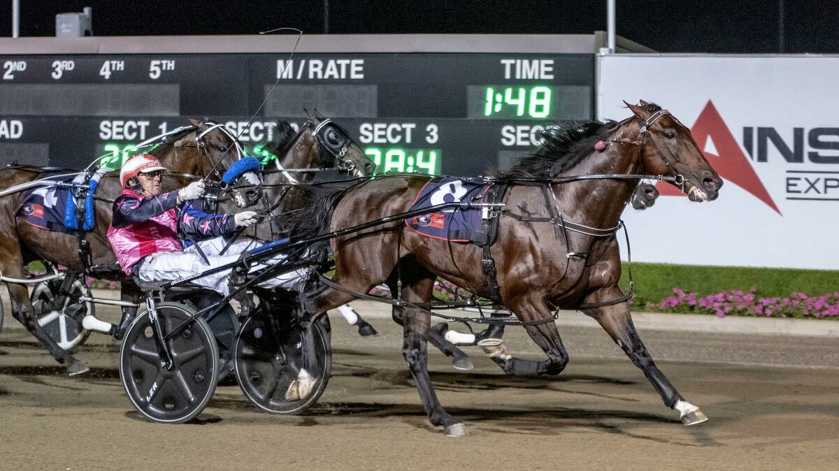 STAR: Poster Boy flies home to win the group 1 Chariots of Fire at Menangle on Saturday night. Picture: Ashlea Brennan.