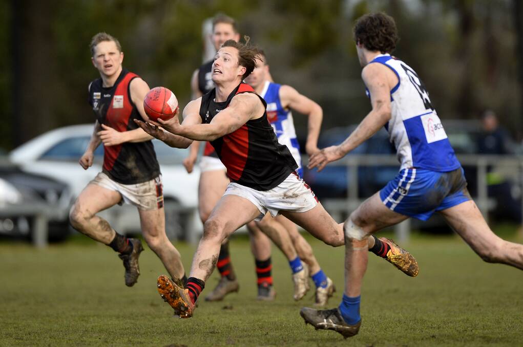 BIG GAME: Sam Russell was one of Buninyong's best players during its impressive qualifying final win over Waubra at Learmonth on Saturday. Picture: Dylan Burns.