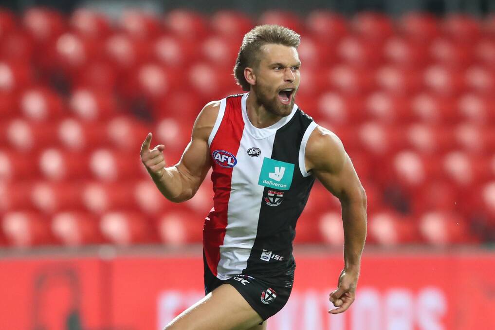 PUMPED: Dan Butler celebrates a goal while playing with St Kilda this season. Picture: Getty Images.
