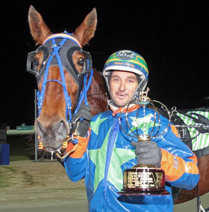 HAPPY TIMES: Trainer/driver Michael Stanley and Petacular after winning the Vicbred Super Series Two-Year-Old Fillies final in 2016. That was one of two wins at the elite level for the horse.