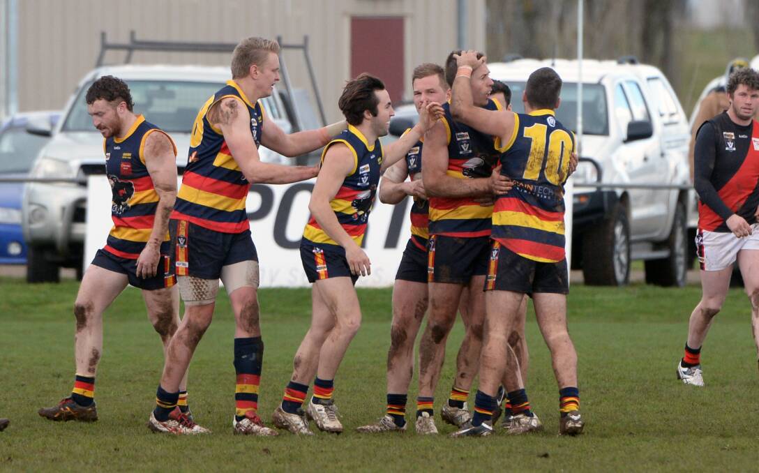 WINNERS: Beaufort players celebrate a goal against Buninyong on Saturday. Picture: Kate Healy.