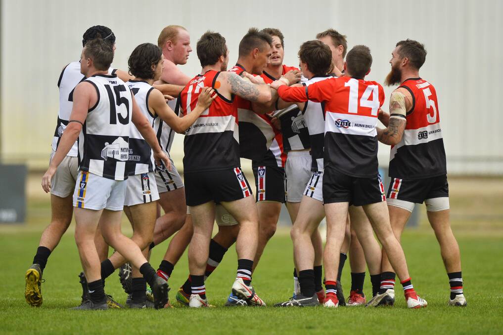 ALL FIRED UP: It got heated in the clash between Carngham-Linton and Clunes. Picture: Dylan Burns.