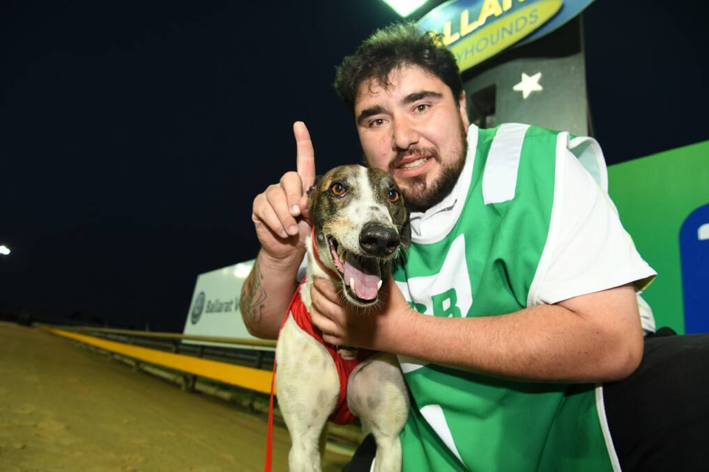 HAPPY DAYS: Trainer Pasquale Derubeis and his dog Almapa Berisha are pictured after winning a heat of the Ballarat Cup last weekend. The final is on this Saturday night.