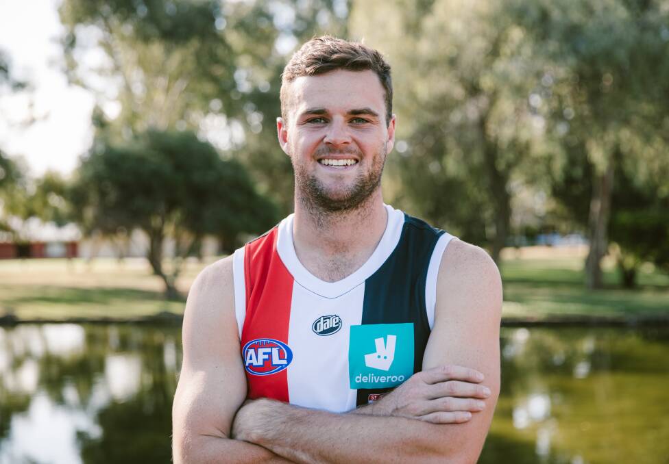 NEW JUMPER: Brad Crouch in the St Kilda colours, which he will wear in season 2021. Picture: Jack Brookes.