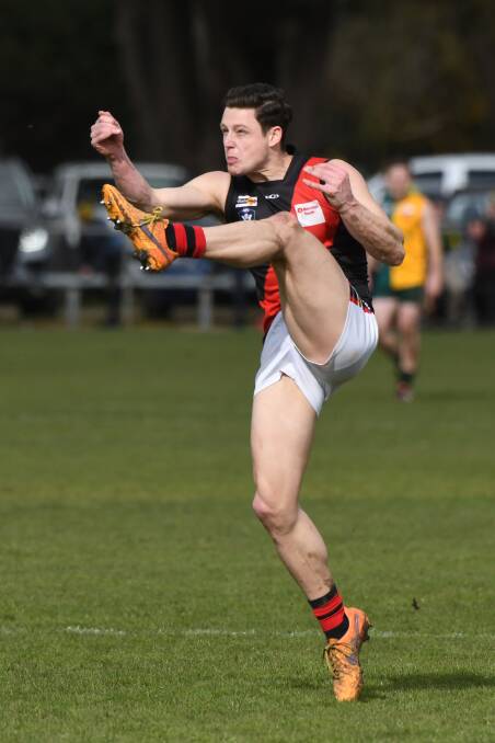 LAUNCH: Buninyong's Fraser Russell kicked four goals in a top display in attack. He was named the Bombers' second best player. Picture: Kate Healy.