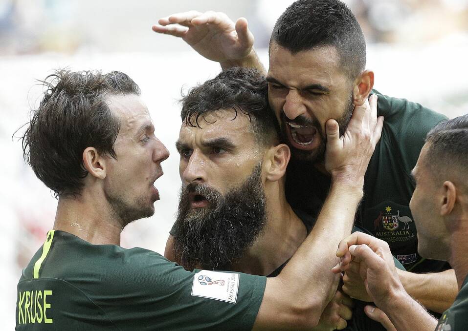 GOAL!: Mile Jedinak celebrates with teammates after scoring from the penalty spot. The goal saw the clash with Denmark finish 1-1.
