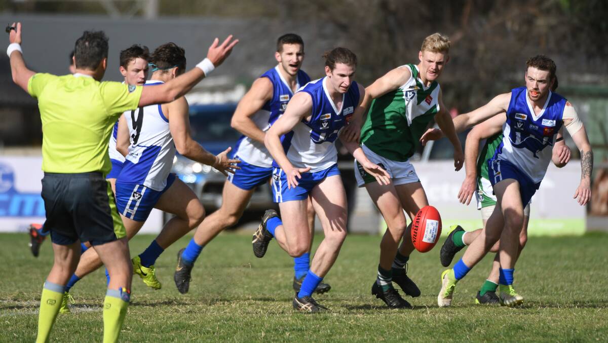 Waubra and Rokewood-Corindhap players compete for the ball on Saturday. Picture: Kate Healy.
