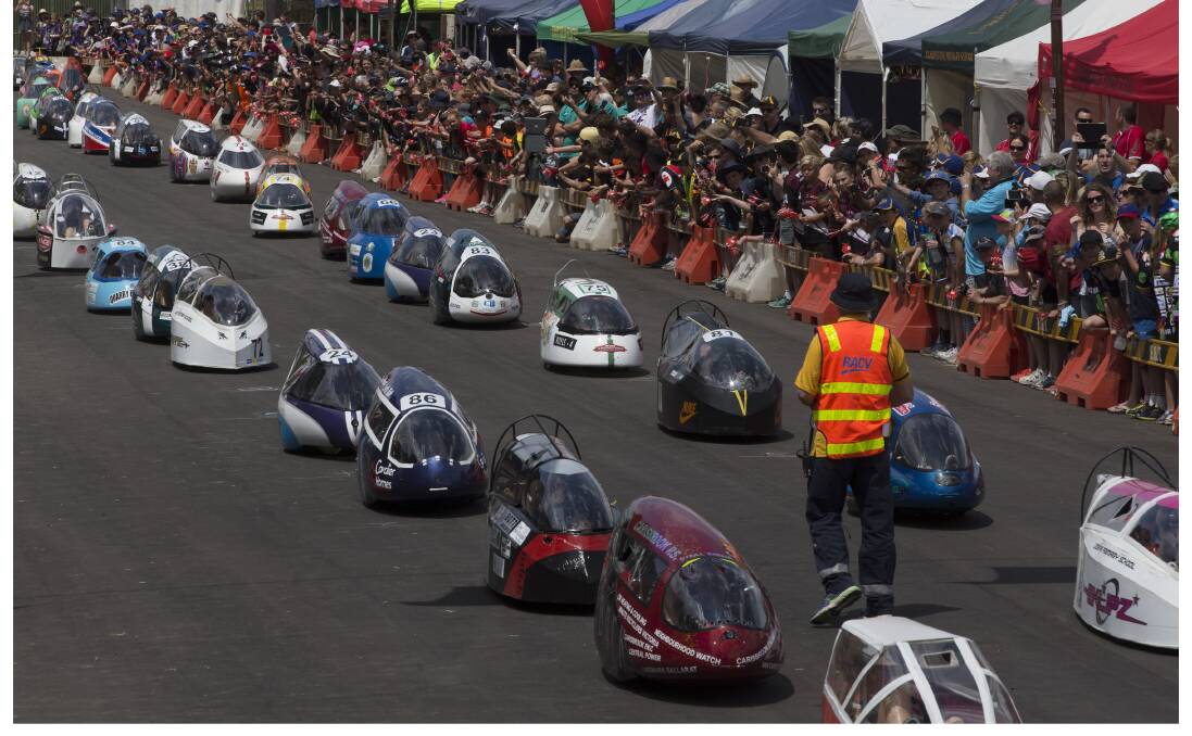 GRID: Human powered vehicles line up at the start of the primary school race category during a previous Energy Breakthrough event.