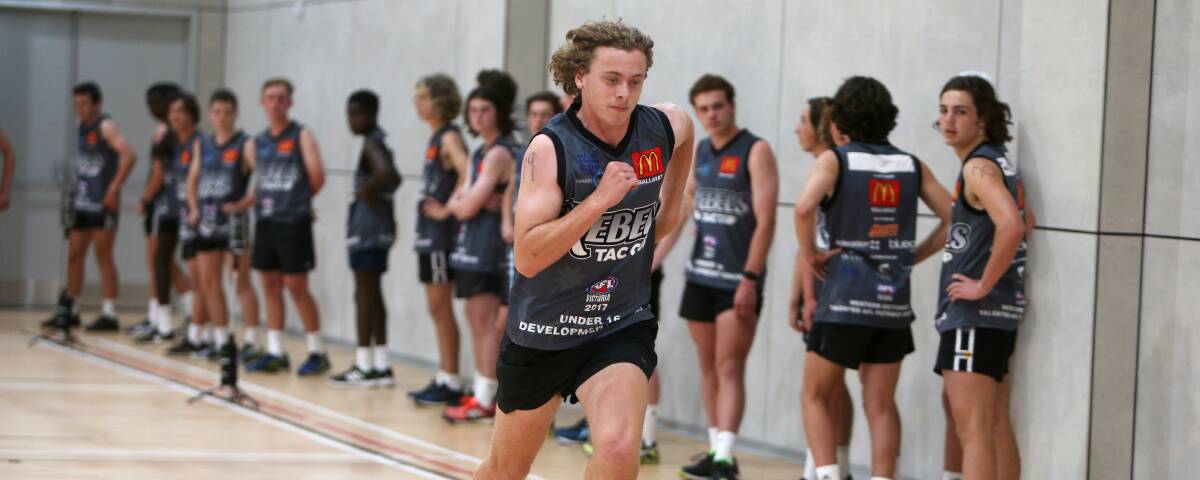POTENTIAL: Rebels' under-16 hopeful Connor Hinkley powers through a 20-metre sprint in AFL-style screenings in Warrnambool earlier this week. Picture: Rob Gunstone