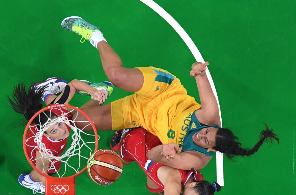 UP CLOSE: One of the biggest names in Australian basketball Elizabeth Cambage, taking a shot in Rio Olympic action, will continue her comeback in the game in Ballarat. Picture: Mark Ralston via AP