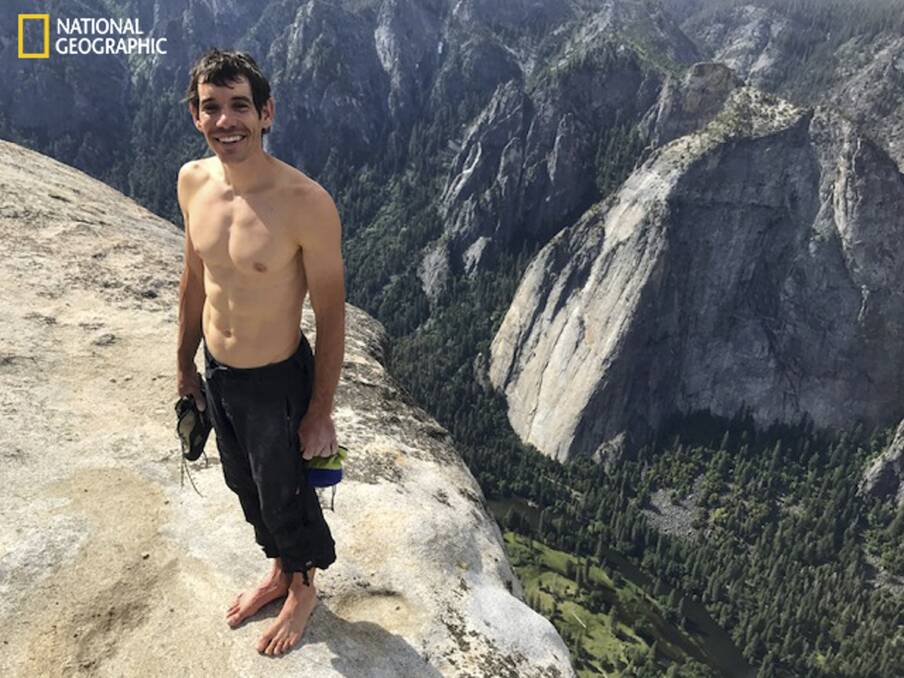 MINDSET: This National Geographic photo shows Alex Honnold atop El Capitan in Yosemite National Park, California, after he became the first person to climb the massive granite without ropes or safety gear. Picture: Jimmy Chin via AP
