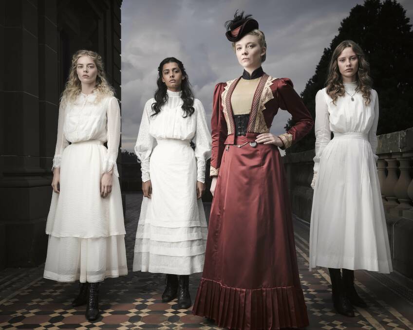 Samara Weaving with Madeleine Madden, Natalie Dormer and Lily Sullivan in Picnic at Hanging Rock. Picture: Foxtel