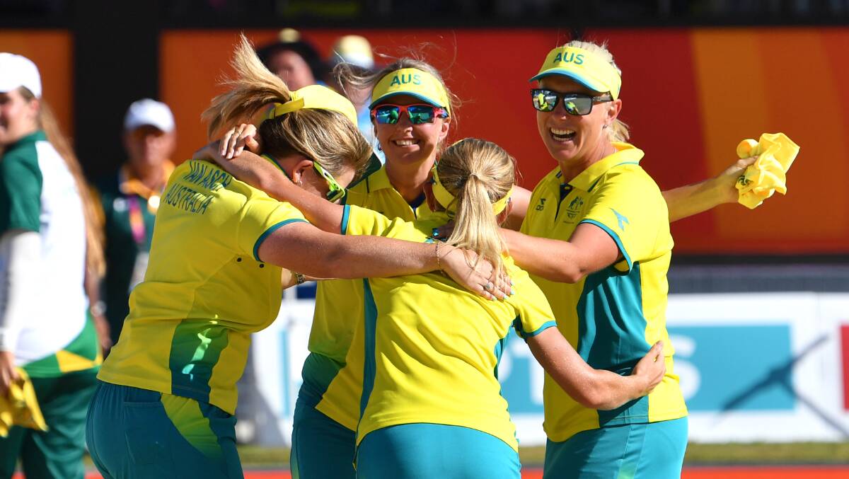 GOLDEN: Australian women's fours team celebrates winning a Commonwealth Games title this year. Studies show top bowlers have sharp mental toughness. Picture: AAP