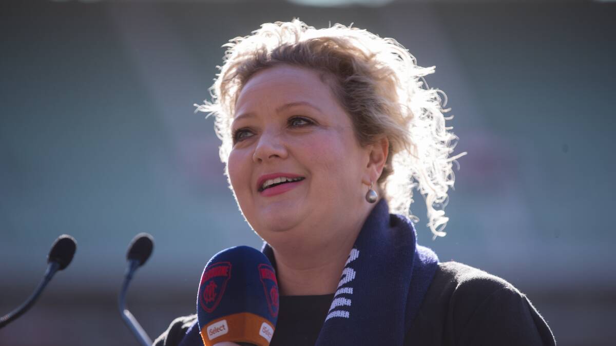 The Age, Sport.Breast Cancer Network Australia (BCNA) and Melbourne Football Club will launch the iconic fifth Field of Women event. Victorian Minister for Health Jill Hennessy speaking.  Pic Simon Schluter 17 July 2018.