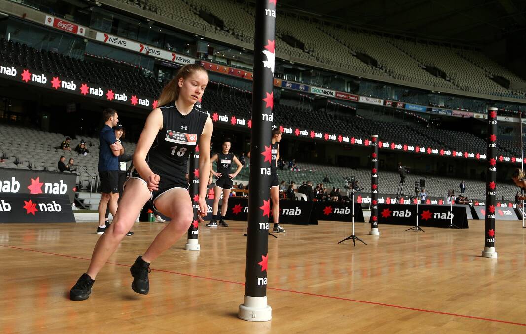 BIG STAGE: Rebel Lauren Butler (Carisbrook) showcases her agility test in the AFLW Combine at Marvel Stadium earlier this month. Rebels female talent trained and prepared alongside their male counterparts. Picture: AAP