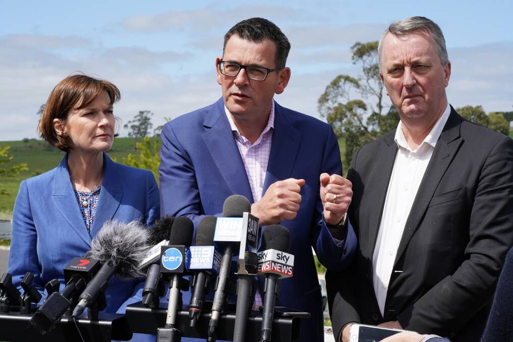 Premier Daniel Andrews announces a royal commission in to mental health if Labor is re-elected, with state MPs Mary-Anne Thomas (left) and Martin Foley. 