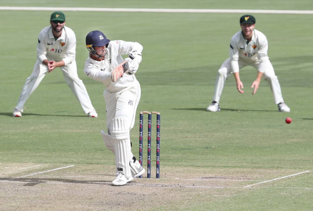 PLAY: Victorian batsman Matt Short, from Ballarat, on his way to 45 runs in Sheffield Shield while his brother Sam prepares for an NBL grand final series. Picture: AAP