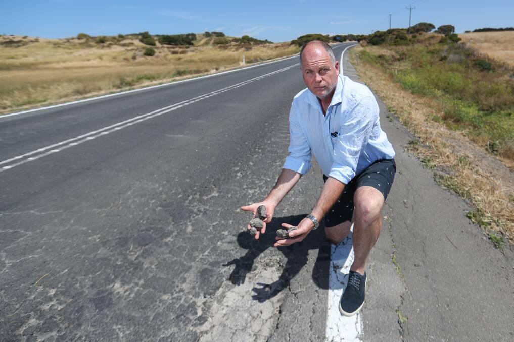 CRUMBLING: Bamstone's Michael Steel, pictured on the Princes Highway, says the dilapidated roads are a concern for motorists. Picture: Morgan Hancock