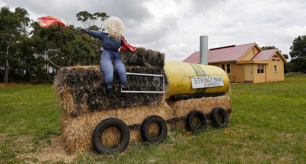 All aboard: A creative version of The Stringy Bark Express has hit Glenfyne as part of the hay bale art trail through Corangamite Shire..