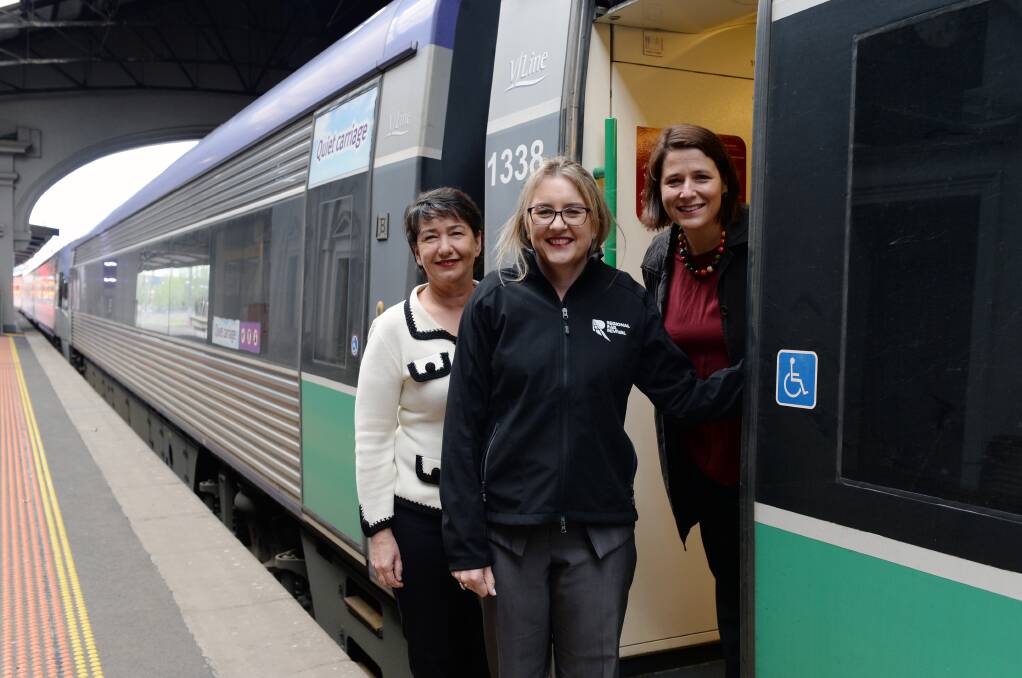 Public Transport Minister Jacinta Allan (centre) with Labor candidates Michaela Settle and Juliana Addison at Balalrat Train Station on Wednesday. Picture: Kate Healy