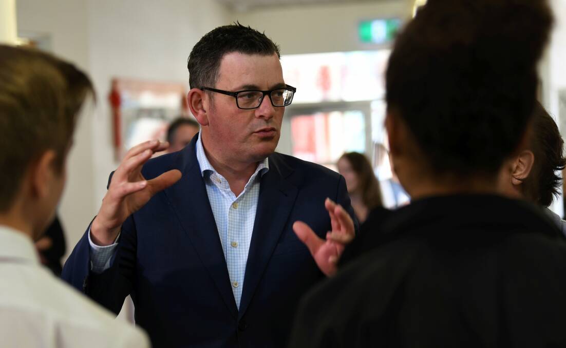 Premier Daniel Andrews speaks to staff and students at Mount Clear College on Friday. Picture: Lachlan Bence