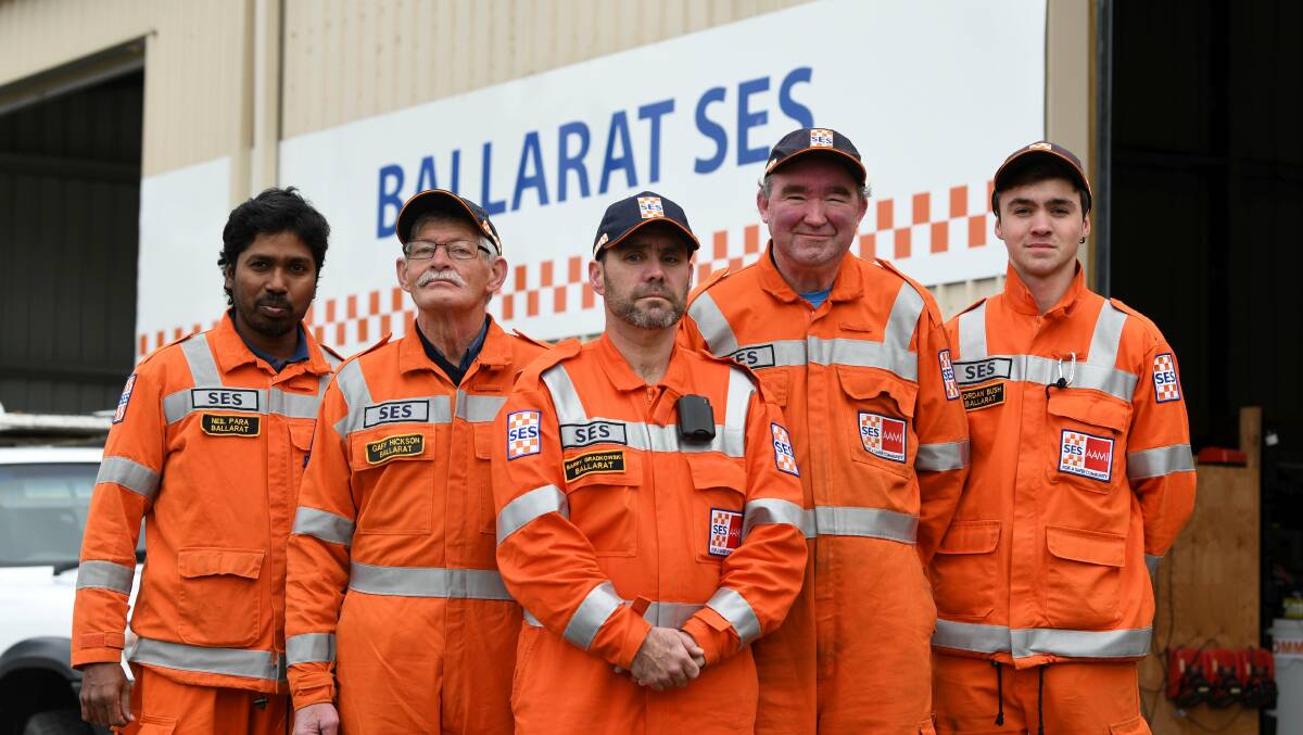 Wear Orange Wednesday will say thanks to the SES including Neil Para, Gary Hickson, Barry Gradkowski, Stephen Blood, Jordan Bush. Picture: Lachlan Bence