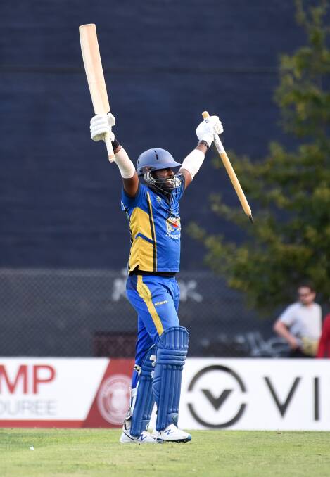 BIG FINISH: Madushanka Ekanayakaof of Darley was quick to grab a stump after he closed out the BCA grand final with a towering six. Picture: Adam Trafford