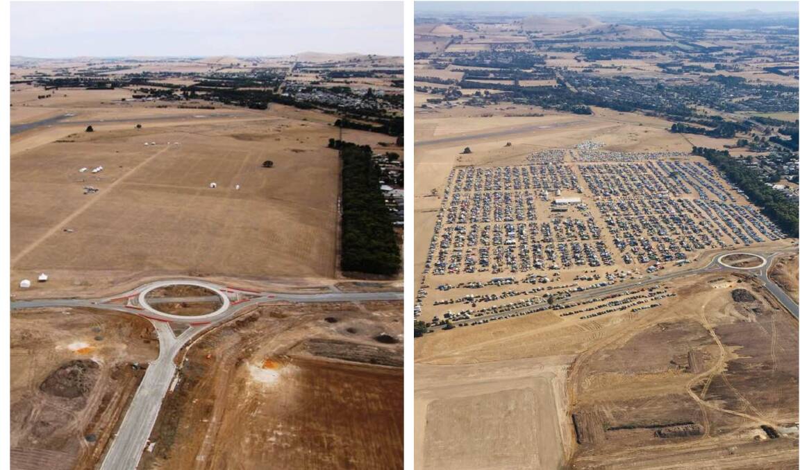 BEFORE AND AFTER: The paddocks alongside Ballarat Airport have been transformed for Ballarat Swap Meet. Pictures: Wayne Rigg