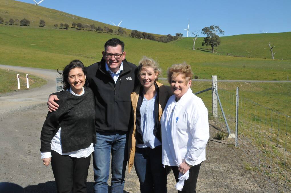 Energy, Enviornment and Climate Change Minister Lily D'Ambrosio, Premier Daniel Andrews, Ripon Labor candidate Sarah De Santis and Ararat Mayor Gwenda Allgood at the announcement at Ararat on Tuesday.