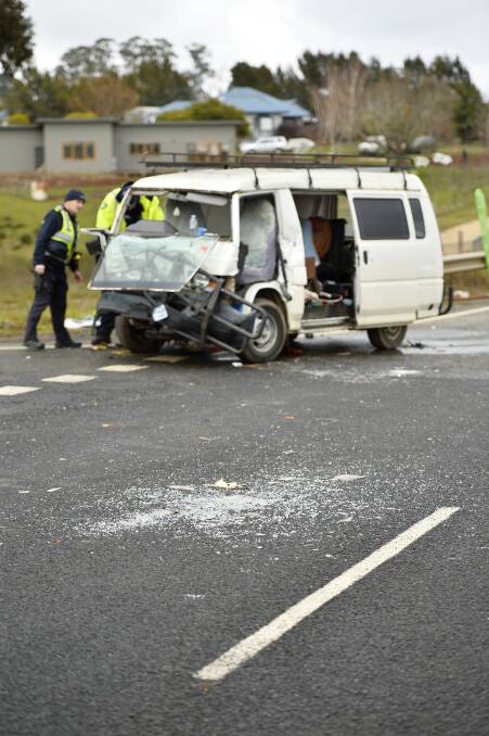 HORRIFIC SCENE: The van in which an elderly couple were seriously injured in a crash at Coomoora on Friday. Picture: Dylan Burns 