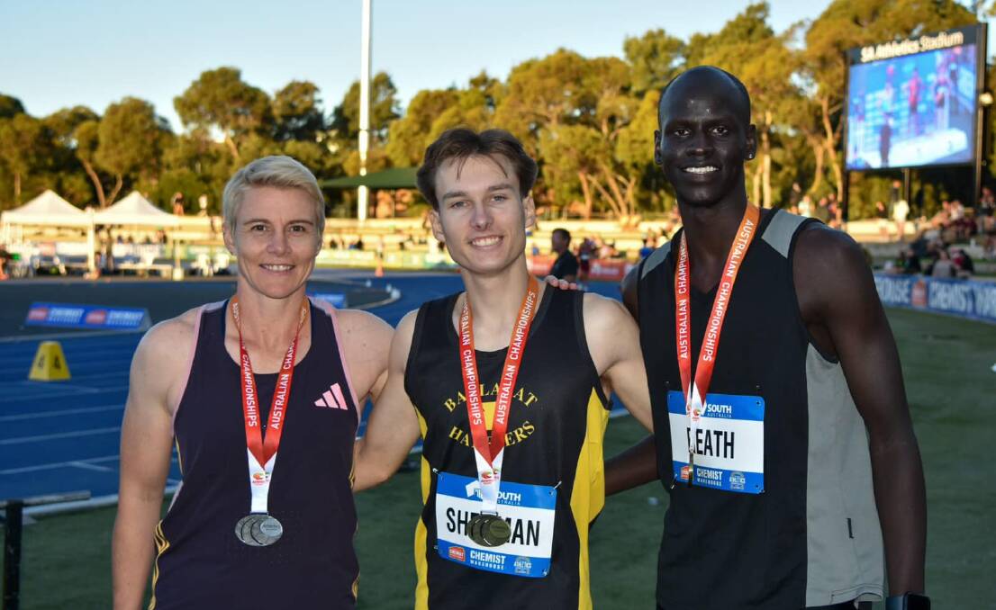 Ballarat athletes Kathryn Mitchell, Cooper Sherman and Yual Reath all won medals on Saturday night at the Australian Athletics Championships. Picture supplied