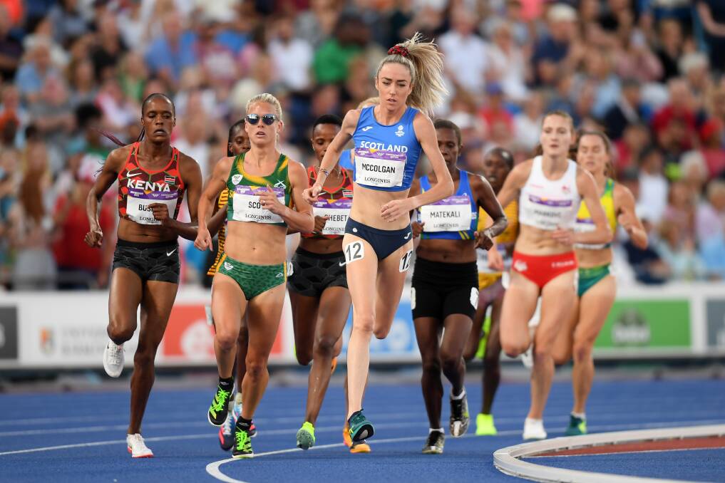 RUN ON: Scotland's Eilish McColgan (centre) on her way to victory in the 10,000m at Birmingham. Her first international gold medal. Picture: Getty Images.