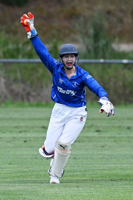 Imogen O'Brien of Golden Point Blue celebrates a wicket against Brown Hill on Friday night. Picture by Kate Healy