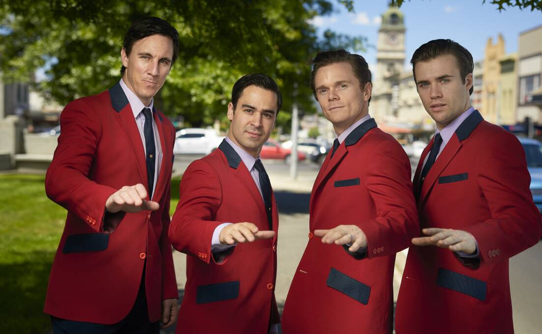 Jersey Boys cast Glaston Toft (Nick), Ryan Gonzalez (Frankie) Cameron MacDonald (Tommy) and Thomas McGuane (Bob) in Ballarat on Monday. Picture: Luka Kauzlaric