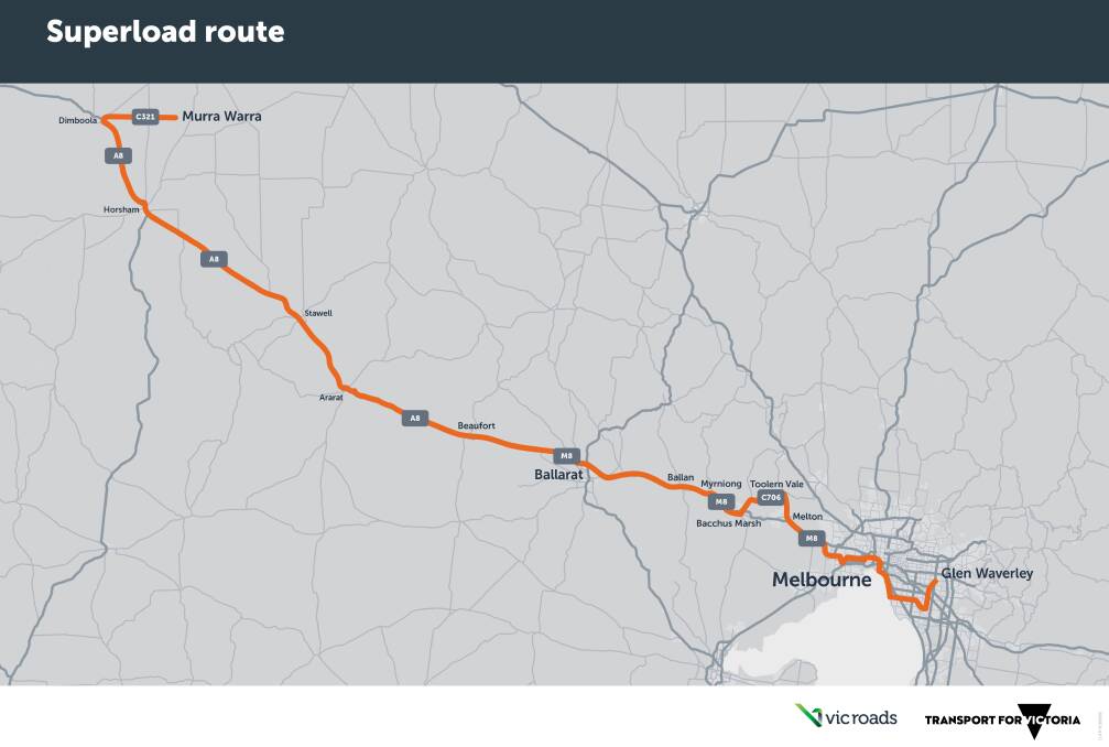 The route of the superload will go along the Western Freeway, stopping at Bungaree before finishin north of Horsham