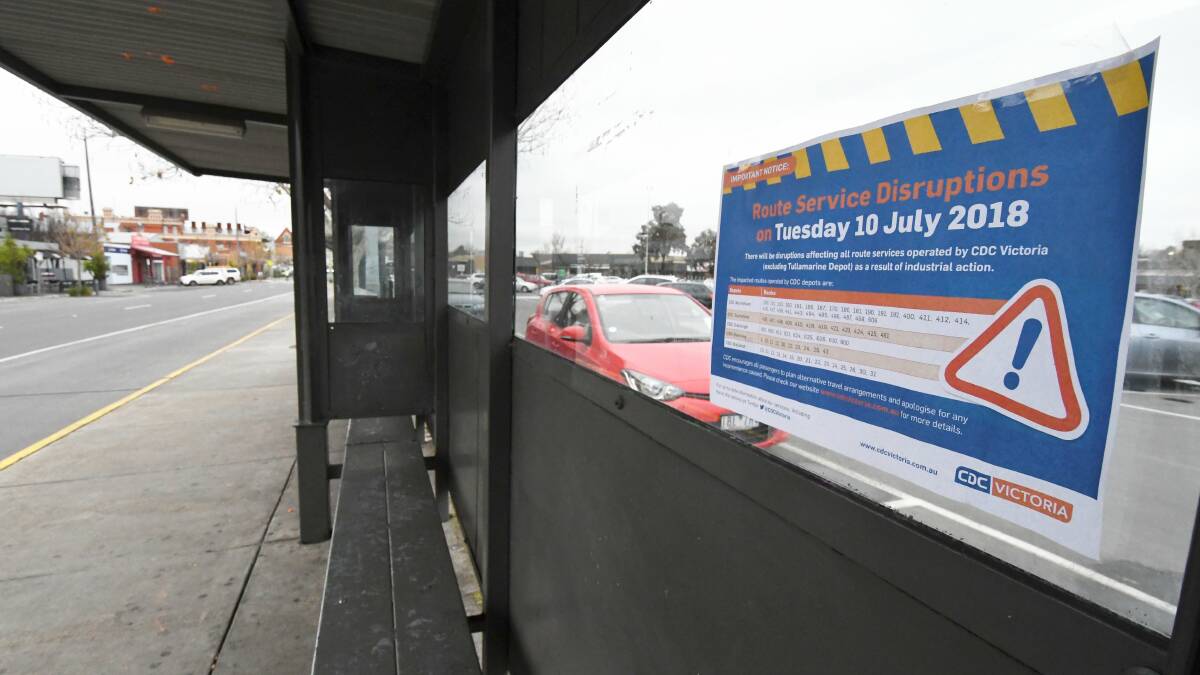 Bus stops in Ballarat were deserted today as bus drivers took industrial action over a pay dispute. Picture: Lachlan Bence