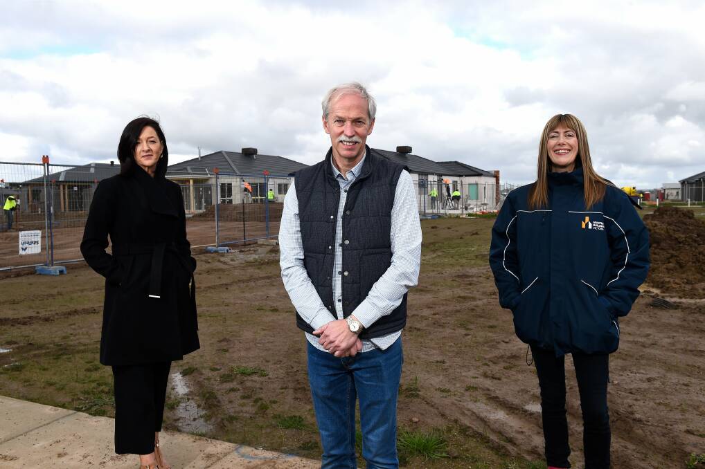 GROWTH SPURT: Hudson Ridge sales consultant Maria McGregor, Bond Homes managing director David Rowe and Master Builders Victoria chief Rebecca Casson say the state is experiencing a housing boom thanks to new grants. Picture: Adam Trafford.