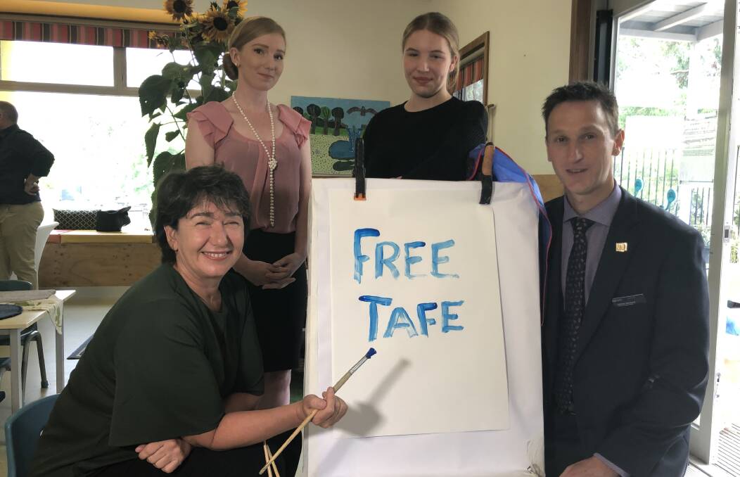 CHILDCARE: Buninyong MP Michaela Settle, students Emmley Mosely and Cessie Thompson Acting Director, Federation TAFE Andrew Henwood