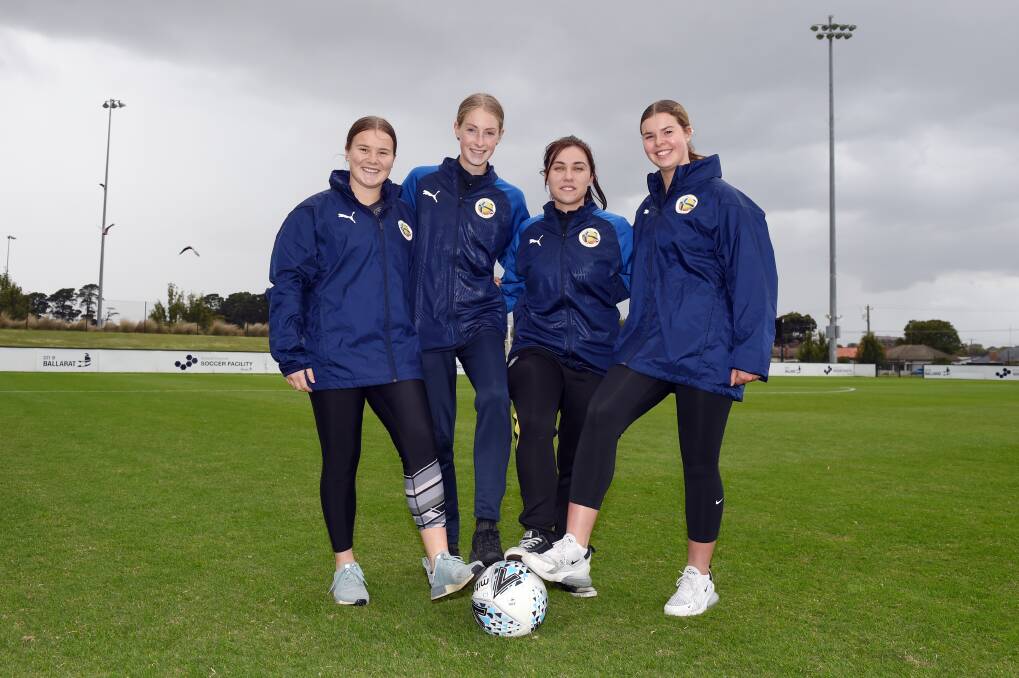 ON THE PARK: Ballarat City FC players Isabelle Johnstone, Alannah Stevens (co-captain), Paige Daly (co-captain) and Lucy Chester. Picture: Kate Healy