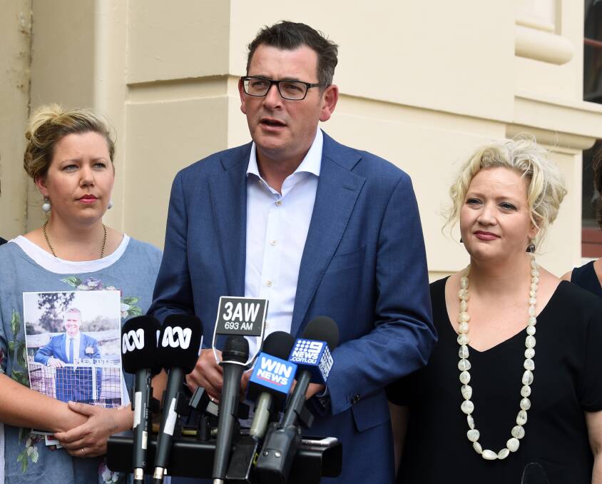 (L-R) Lana Cormie, Premier Daniel Andrews, and Industrial Relations Minister Jill Hennessy speak in Ballarat earlier this year. Picture: Kate Healy