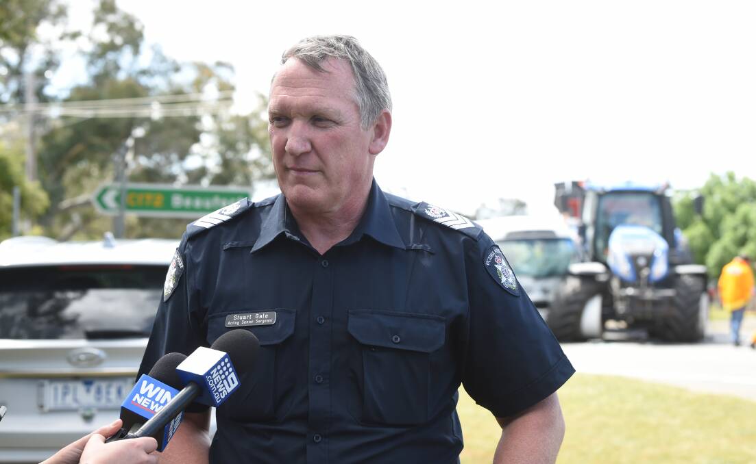 Acting Senior Sergeant Stuart Gale speaks to the press after the crash in Lexton. Picture; Kate Healy