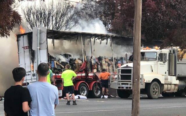 The truck on fire in the main street of Beaufort. Picture: Jess Lawrence