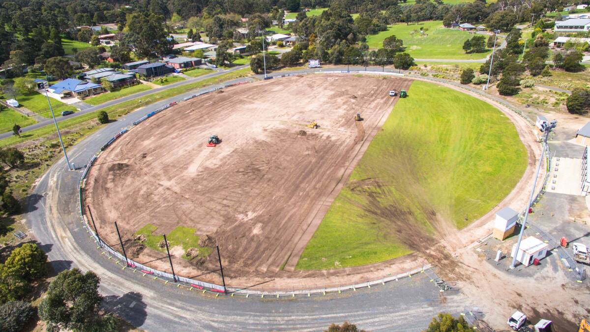 Buninyong is the latest oval to have grass relaid. The new look oval will open on tomorrow. Picture: Skyline Drone Imaging
