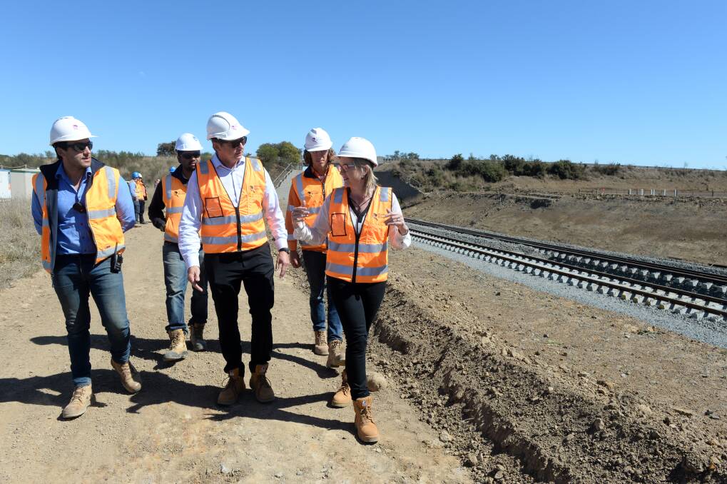 Transport Infrastructure Minister Jacinta Allan inspects newly laid track at Warrenheip. Picture: Kate Healy
