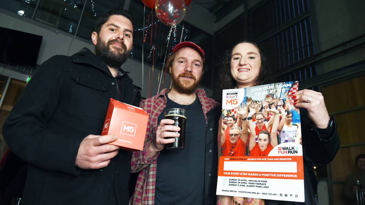FIGHTING ON: Damian Anderson, team captain Jack Parry and Beth Santilli at the Party for MS at Ballarat's Athletic Club Brewery. Picture: Kate Healy.