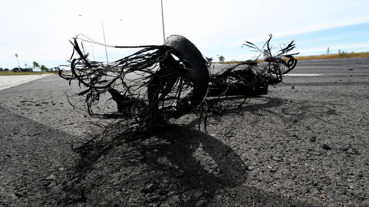 Shredded tyres are a common sight around Ballarat's hoon areas like the new industrial zone at BWEZ. Picture: Lachlan Bence
